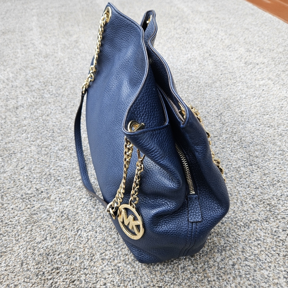 Michael Kors Jet Set Medium Navy Blue Chain Link Leather Shoulder Bag Purse - Picture 9 of 16